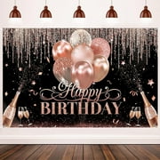 Black Rose Gold Happy Birthday Party Decorations Silver Balloon Birthday Backdrop for Women Girls Happy Birthday Banner Baby Shower Sweet 16 Photography Background Photo Booth